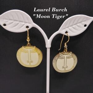 Laurel Burch "Moon Tiger" Cat Earrings, Gold Plated Cloisonné, White Enamel